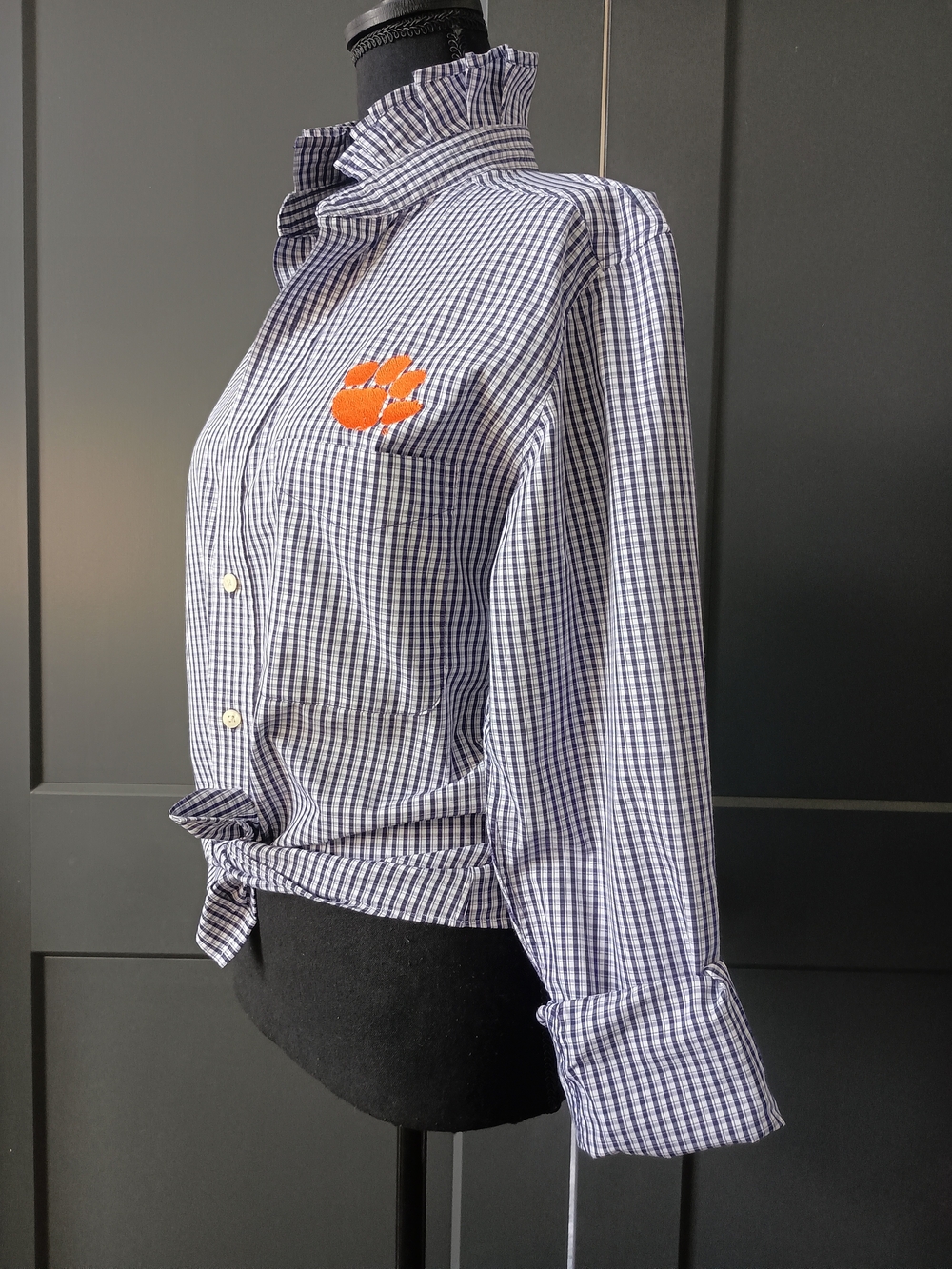 Upcycled Women's Clemson Ruffle Collar Shirt #105